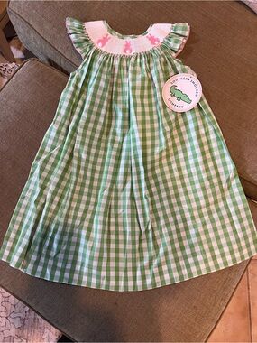 Southern Smocked Co. Girls' Green Gingham Smocked Dress with Pink Detail